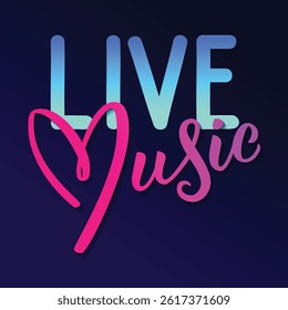 This vector illustration features a vibrant neon sign design with the words "Live Music" on a dark background. Bold colors capture the energy and excitement of a live music experience.