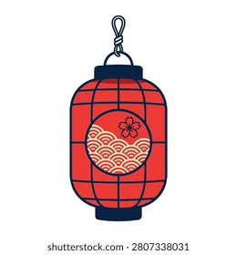 This vector illustration features a vibrant red Japanese paper lantern adorned with a classic floral cherry blossom motif and a traditional wave pattern. The hanging decor element is perfect for Asian themed events or cultural festival design projects.