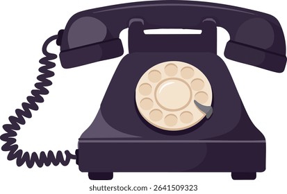 This vector illustration features a vintage rotary dial telephone with a dark purple body and beige dial, highlighting retro communication technology in a clean style. Calm.