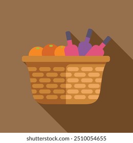 This vector illustration features a wicker picnic basket full of fresh food and drinks, perfect for a romantic date in the park