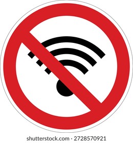 Esta Ilustración vectorial incluye un ícono de señal WiFi dentro de un círculo rojo de prohibición, lo que indica que no se permite el acceso inalámbrico a Internet. Ideal para zonas tranquilas o entornos seguros.