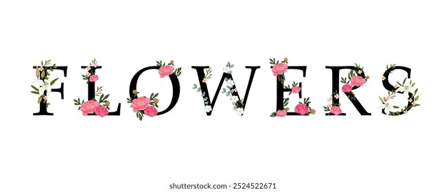 This vector illustration features the word Flowers beautifully styled with vibrant floral elements. Perfect for nature-inspired designs, wedding decor, or creative projects with a blooming theme.