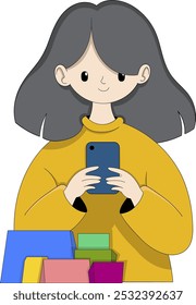 Esta ilustração vetorial apresenta uma jovem mulher usando seu smartphone, cercada por sacos de compras coloridos, simbolizando a facilidade e acessibilidade das compras on-line