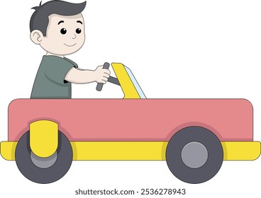 Esta ilustração vetorial apresenta um menino sentado em um vibrante carro de brinquedo, segurando o volante com uma expressão feliz.