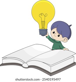 This vector illustration features a young boy holding a glowing lightbulb while interacting with an open book, symbolizing the spark of knowledge and creative thinking inspired by reading