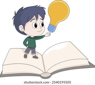 This vector illustration features a young boy standing on an open book, holding a lightbulb to symbolize the discovery of creative ideas through reading