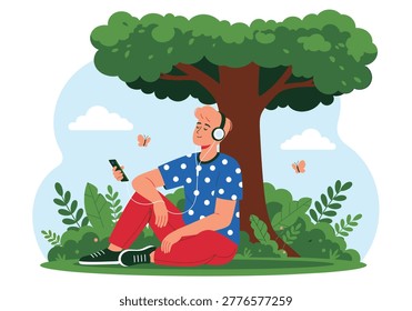 This vector illustration features a young man relaxing outdoors, listening to music on his phone with headphones. He sits comfortably under a large tree, surrounded by lush greenery and gentle butterflies, embodying a scene of peaceful leisure and calm enjoyment in nature.