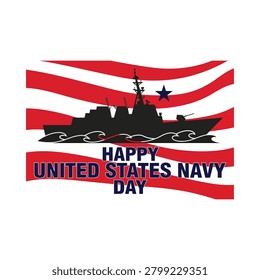 This is a vector illustration featuring a black ship silhouette against a wavy American flag background with a star. It