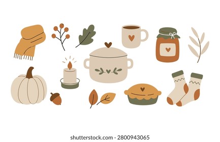 This is a vector illustration featuring a collection of autumn-themed objects including pumpkins leaves and a mug set against a white background.