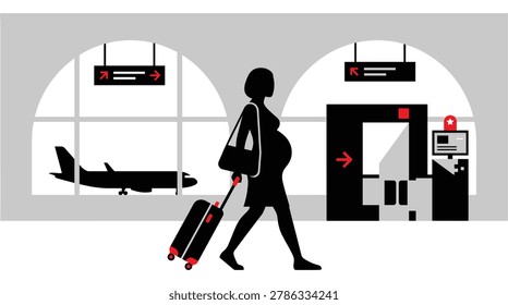 This is a vector illustration featuring a pregnant woman silhouette walking with a rolling suitcase through an airport terminal. Red directional arrows and an airplane are visible in the background.