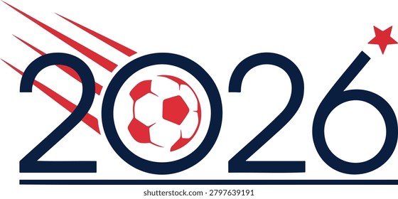 This is a vector illustration featuring a soccer ball integrated into the number 2026 with red speed lines and a star. The design utilizes a blue and red color scheme