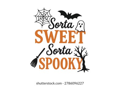 This is a vector illustration featuring a spiderweb, bat, ghost, broom, and bare tree, set against a white background.