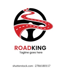 This is a vector illustration featuring a winding road contained within a circular shape, utilizing a red and black color