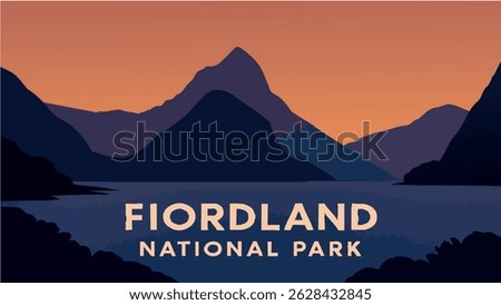 This vector illustration of Fiordland showcases the breathtaking fjords surrounded by towering mountains and tranquil waters, reflecting the pristine beauty of New Zealand’s Fiordland National Park.
