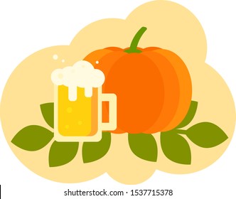 This is a vector illustration in flat style. Pumpkin and green leaves and mug beer. Could be used for flyers, postcards, banners, holidays decorations, etc.