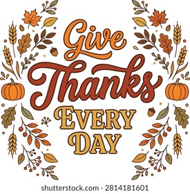 This is a vector illustration of a floral ornament featuring pumpkins, leaves, wheat, and hand-lettering on a white background.