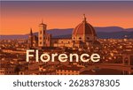 This vector illustration of Florence showcases the stunning city view along the Arno River, with historic buildings and bridges beautifully reflected in the water.