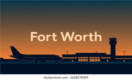 Esta ilustração vetorial de Fort Worth captura a vibrante linha do horizonte da cidade contra um deslumbrante pôr do sol