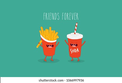 This is a vector illustration. The French fries with cola are friends forever. You can use for cards, fridge magnets, stickers, posters.