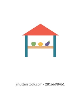 This is a vector illustration of a fruit stand featuring a red roof, teal supports, and various fruits including a mango, apple, lemon, and plum. The background is white.