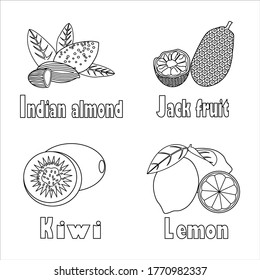 This is a vector illustration of a fruit and vegetable themed coloring book
