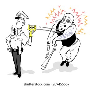 This is Vector Illustration. Funny Cartoon Policeman Using Taser for Arrest the Big Robber