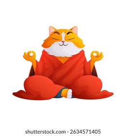 This is a vector illustration of a ginger cat meditating. It is wearing a red robe and sitting in a lotus position, finding its inner peace, a funny clip art image.