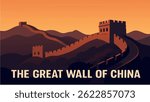 This vector illustration of the Great Wall of China showcases the ancient fortifications winding through majestic mountains and lush green valleys