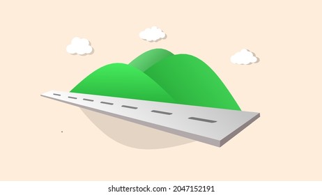 Esta es una ilustración vectorial de montañas verdes, nubes y caminos.