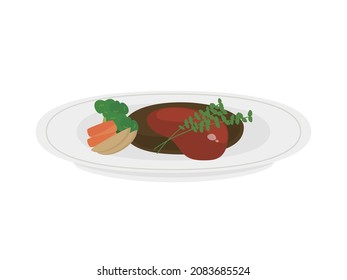This is a vector illustration of a hamburger steak on a plate with broccoli, carrots, and fried potatoes.