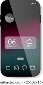 Esta Ilustración vectorial destaca una moderna interfaz de teléfono inteligente con un widget de fecha y Clima junto con un indicador de batería circular.