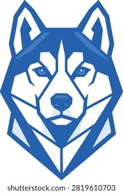 This is a vector illustration of a husky dog head, rendered in a geometric style with blue and white coloring. The image features a stylized