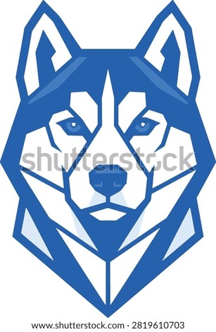 This is a vector illustration of a husky dog head, rendered in a geometric style with blue and white coloring. The image features a stylized