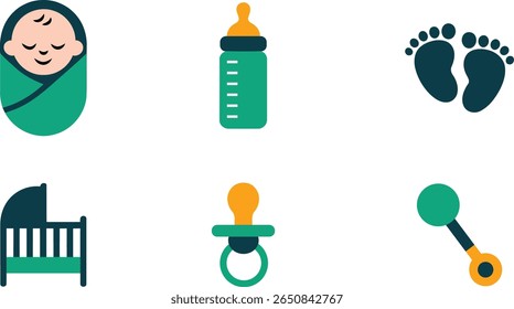 Esta ilustração vetorial inclui seis elementos de bebê chupeta, bebê embrulhado, mamadeira de bebê, berço, pegada de bebê e chocalho.
