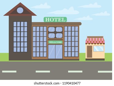 this is vector illustration landscape of building hotel and shop . using solid color that you can use or modify for your on need. just download it. 