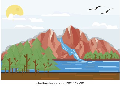 this is vector illustration landscape of nature mountain and waterfall . using solid color that you can use or modify for your on need. just download it. 
