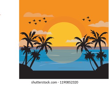 this is vector illustration landscape of sunset on the beach palm trees . using solid color that you can use or modify for your on need. just download it. 