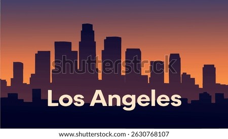 This vector illustration of Los Angeles features the famous Hollywood sign and the city skyline during a breathtaking sunset.