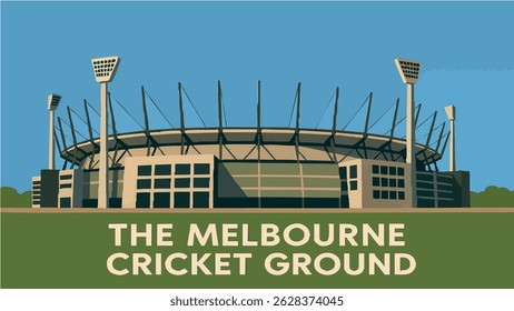 This vector illustration of the Melbourne Cricket Ground showcases the iconic stadium filled with fans during a cricket match.