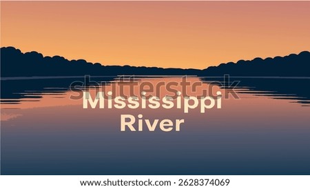 This vector illustration of the Mississippi River showcases the flowing waters that wind through the heart of the USA, with scenic riverfront views and riverboats navigating its vast expanse.