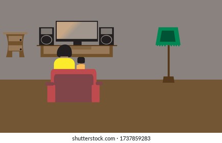 This vector illustration is a mother and child watching TV on the sidelines