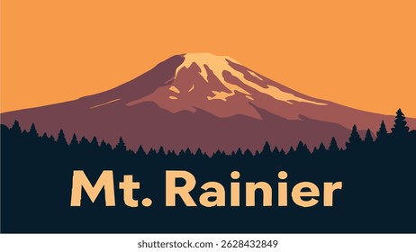 This vector illustration of Mount Rainier captures the majestic snow-covered peak rising above vibrant wildflowers and lush forests