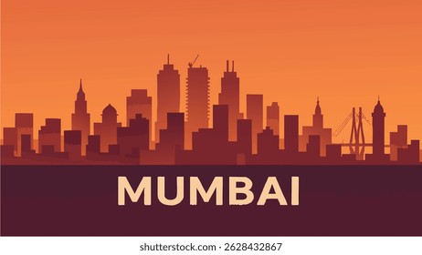 This vector illustration of Mumbai captures the bustling city at sunset, with the iconic Gateway of India standing proudly against the vibrant city skyline
