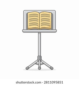 This is a vector illustration of a music stand holding an open book of sheet music. The stand is gray and features a tripod base, while the book displays lined pages. The background is white.