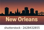 This vector illustration of New Orleans captures the vibrant city skyline at sunset with the Mississippi River flowing through the heart of the city.