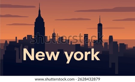 This vector illustration of New York City features the iconic Statue of Liberty in front of the stunning city skyline at sunset.