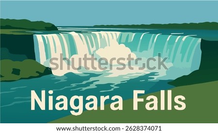 This vector illustration of Niagara Falls captures the breathtaking waterfall with mist rising from the rushing river below. 