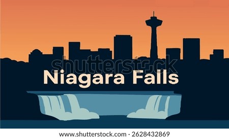 This vector illustration of Niagara Falls captures the breathtaking power of the waterfall at sunrise, as mist rises from the falls and reflects the early light