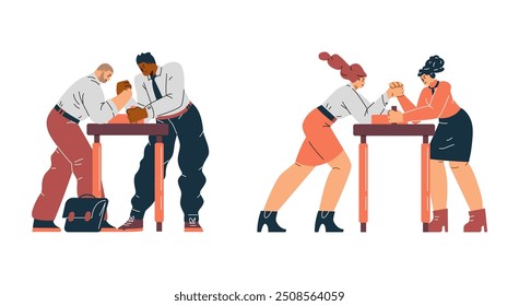 En esta Ilustración vectorial, la rivalidad de oficinas adquiere un tono lúdico. Colegas, hombres y mujeres, están peleando en la mesa en un tenso combate de lucha de brazos.