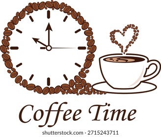 Esta Ilustración vectorial sobre un fondo blanco limpio captura la esencia de un coffee break. Cuenta con una esfera de reloj estilizada